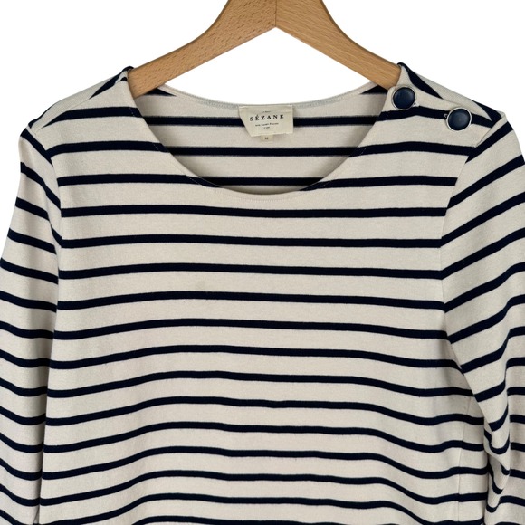 Sezane Colette Mariniere Top Womens M Ecru Navy Striped Shirt Nautical Preppy - Picture 5 of 7